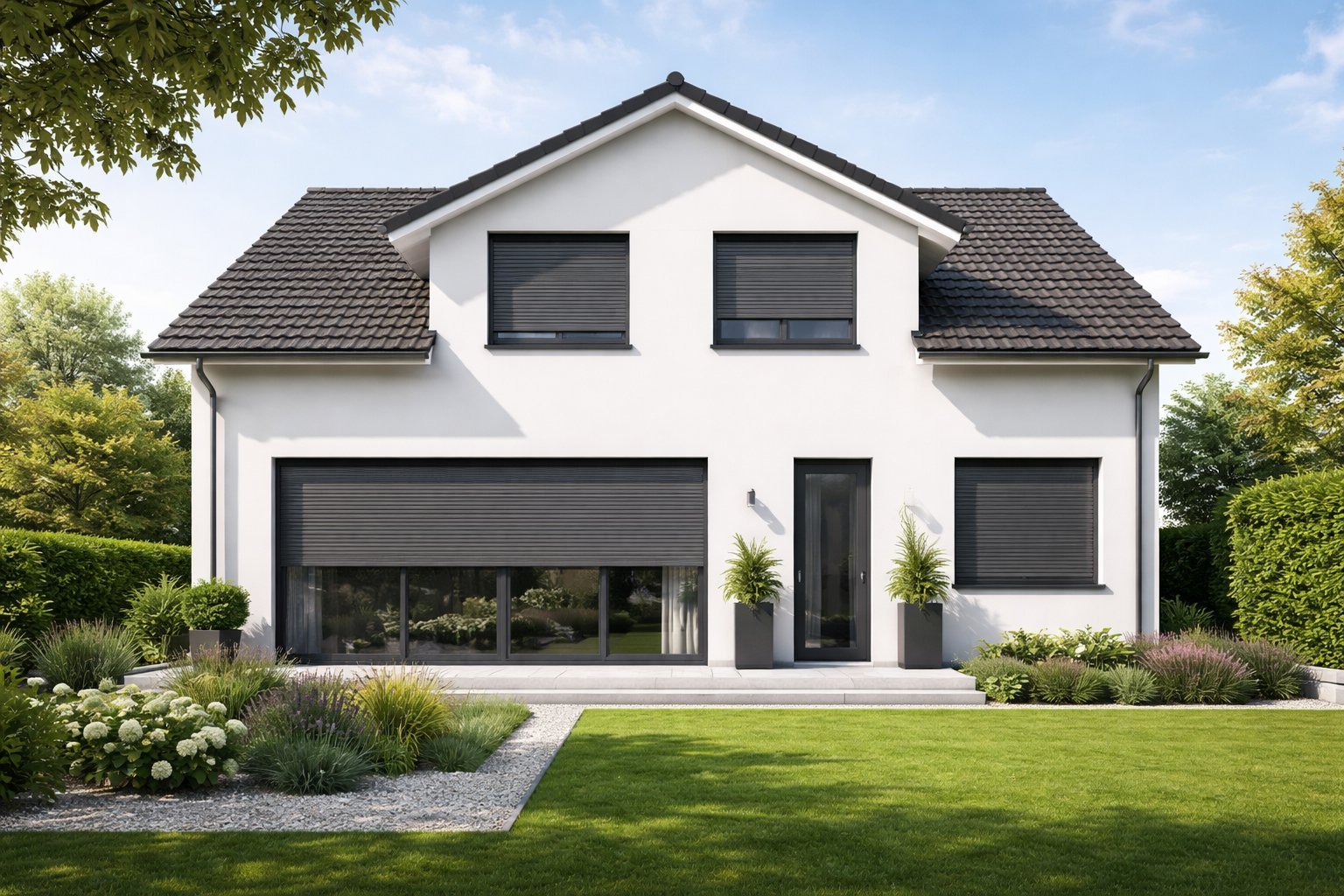 Modernes Einfamilienhaus mit Vorbaurollläden in Anthrazit